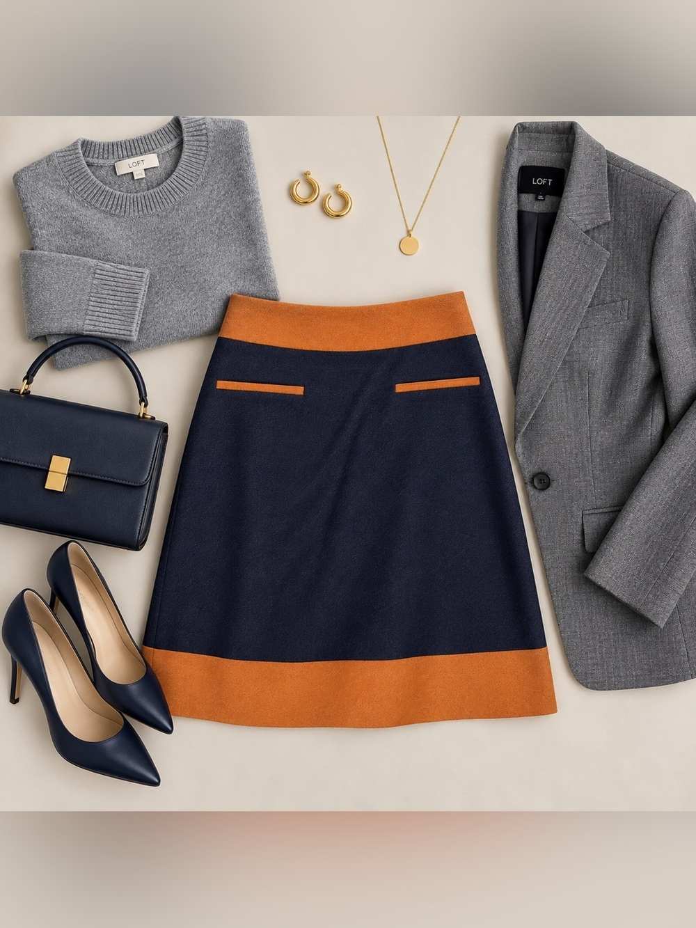 LOFT Navy Blue Camel Trim Colorblock A-Line Skirt NWT